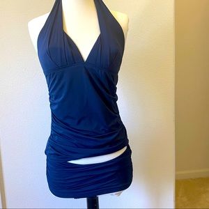 NWT Ann Taylor Swim Halter Tankini (M) and Skirted Boy Shorts (S) in Navy Blue
